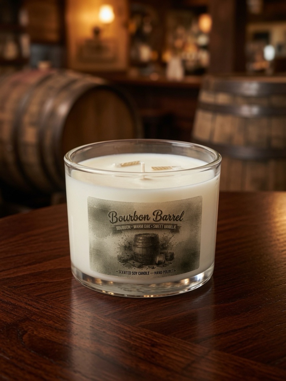16oz Bourbon Barrel 3-Wick Soy Candle | Warm Oak Vanilla Hand Poured - Picture 2 of 2